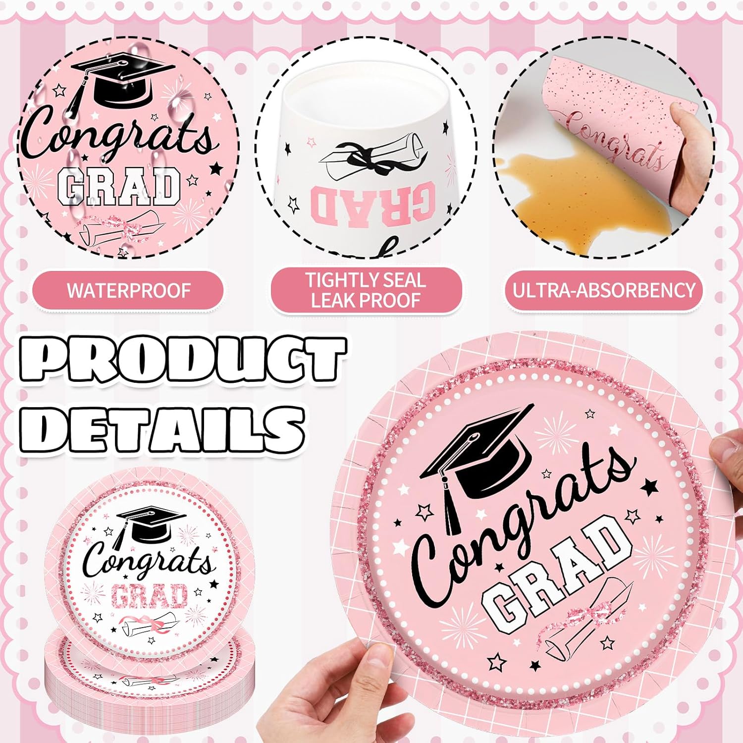 Whaline Graduation Paper Plates Set - 175 Pcs Pink Dinnerware for 25 Guests | Disposable Tableware & Napkins