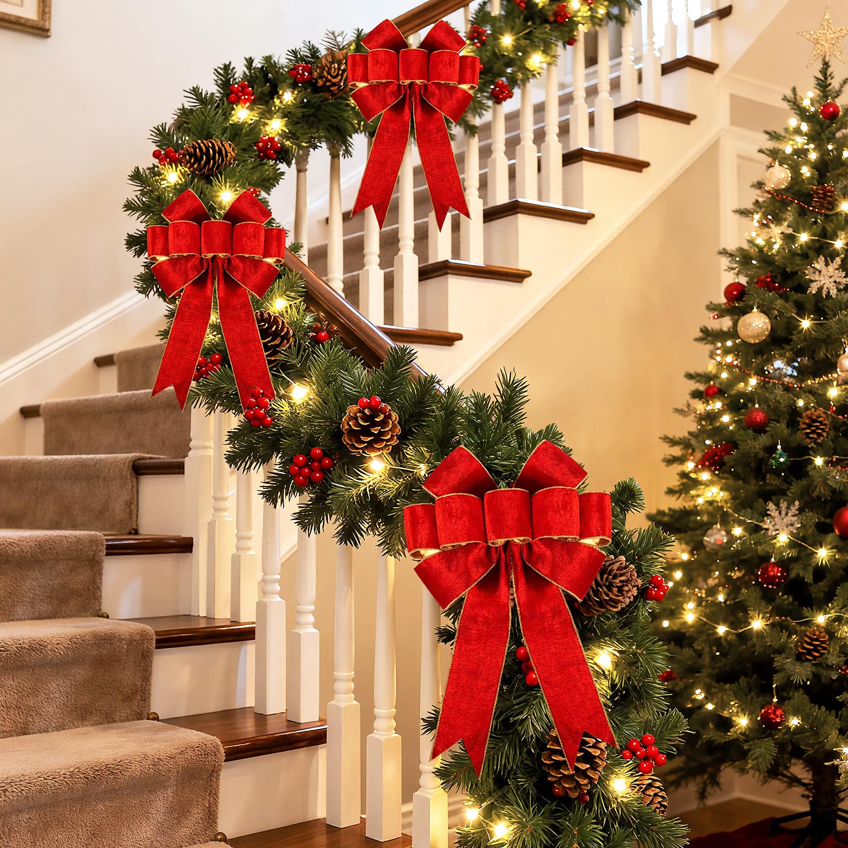 1 Pack Large Christmas Red Bows for Christmas Tree with Gold Border & Back, 12" x 14" Velvet Bows for Tree Topper,Wreaths,Indoor,Outdoor,Fireplace,Stairs,Railing,Porch,Xmas Decoration