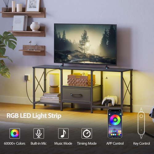 JARHETUN LED TV Stand with Fabric Drawer, Entertainment Center for 50 55 Inch TV, Industrial TV Console Table with Open Storage Shelves for Living Room, Bedroom, Black