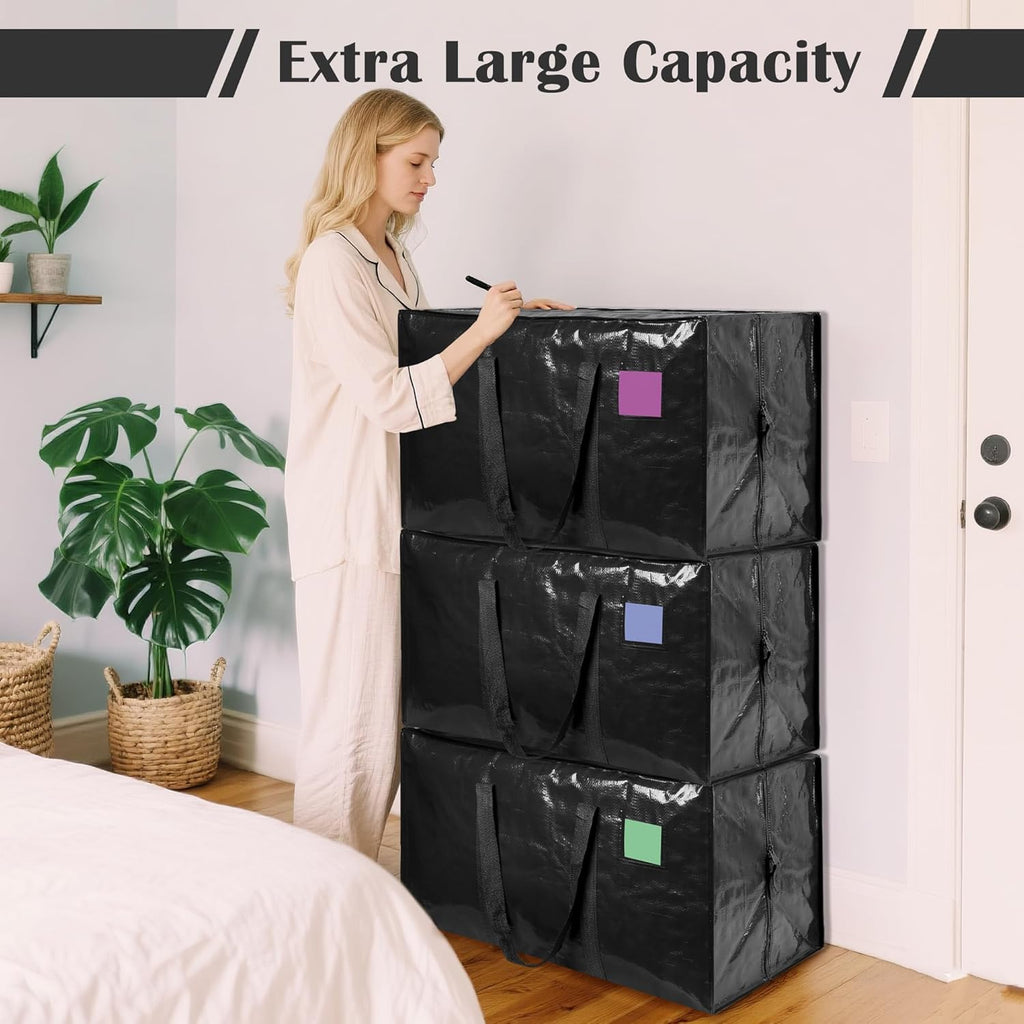 Skiennix Extra Large Heavy Duty Moving Bags - Moisture-Resistant Storage Bins with Reinforced Zipper & Wide Handles | Black, 6 Pack