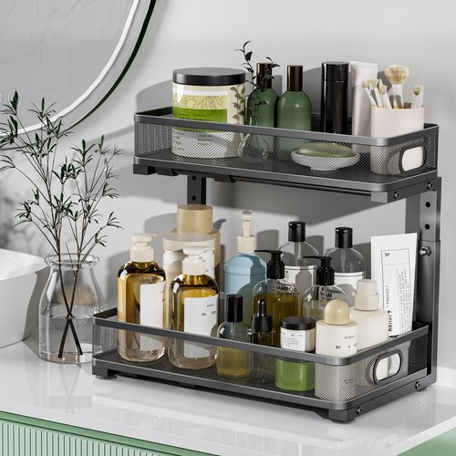 Dolesman Under Sink Organizer 2 Pack, High Adjustable 2 Tier Under Sink Organizers and Storage, Slide out Metal Cabinet Organizers, Pull out Storage Drawer Shelf for Kitchen Bathroom Cabinet