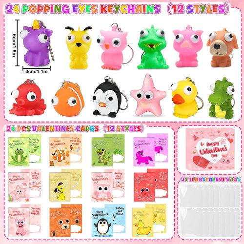 vewicokop Valentine's Day Cards for Kids School with Pop-Eye Animal Keychains,24 Pack Squeezy Fidget Toys with Pop Out Eyes for Classroom Exchange Prizes, Party Favors,Kids Valentine Gifts Set