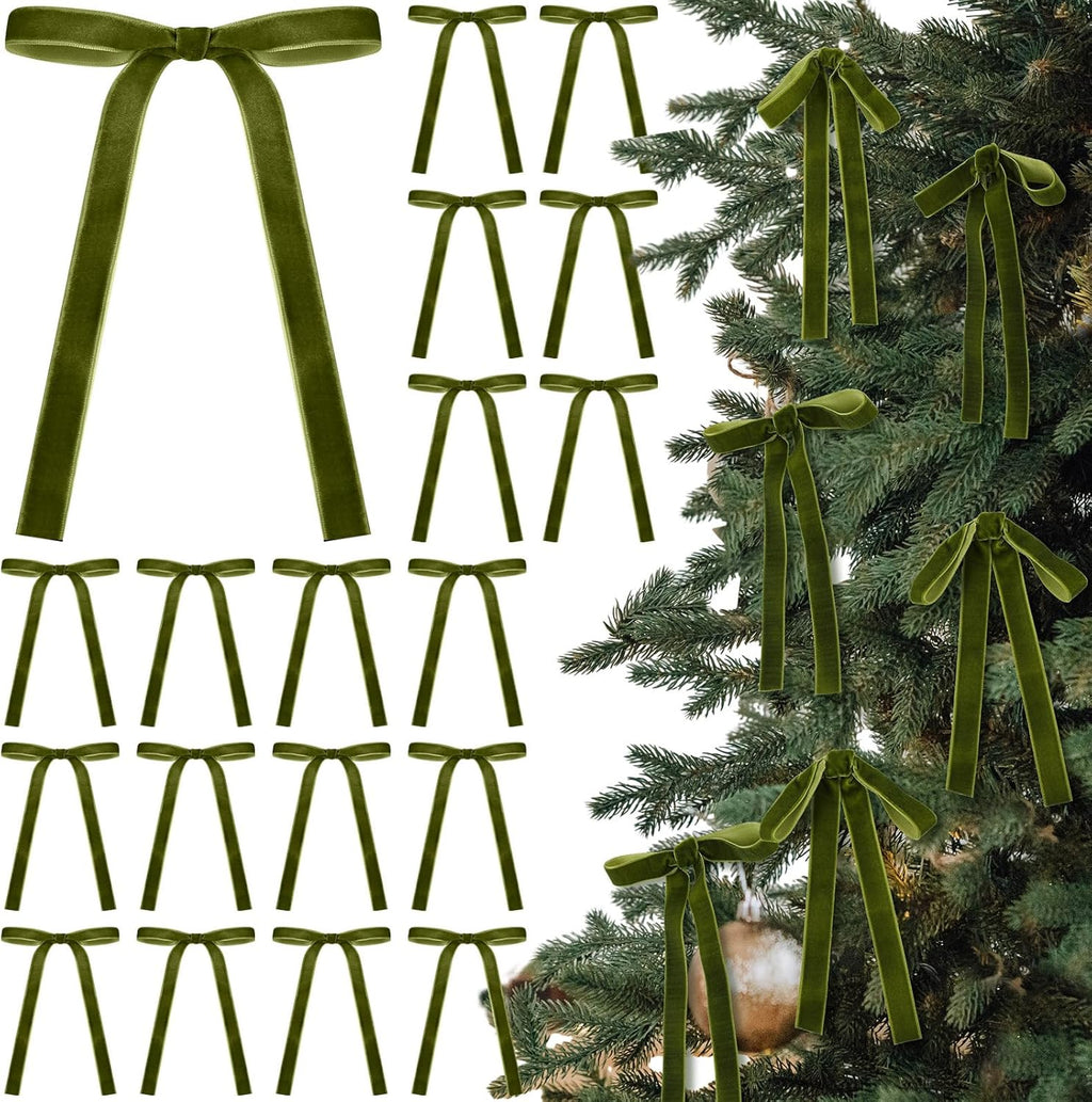 Velvet Bows by Moss Green - 24 Pcs Christmas Tree Ornaments | Coquette Wedding Decor (5 x 7 Inch)