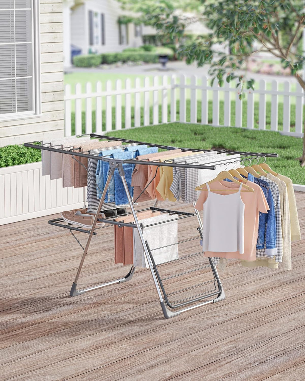 Sakugi Clothes Drying Rack - Foldable 2-Level Design with Height-Adjustable Wings | Space-Saving Indoor & Outdoor Use, Gray, 55.5" L × 22.8" W