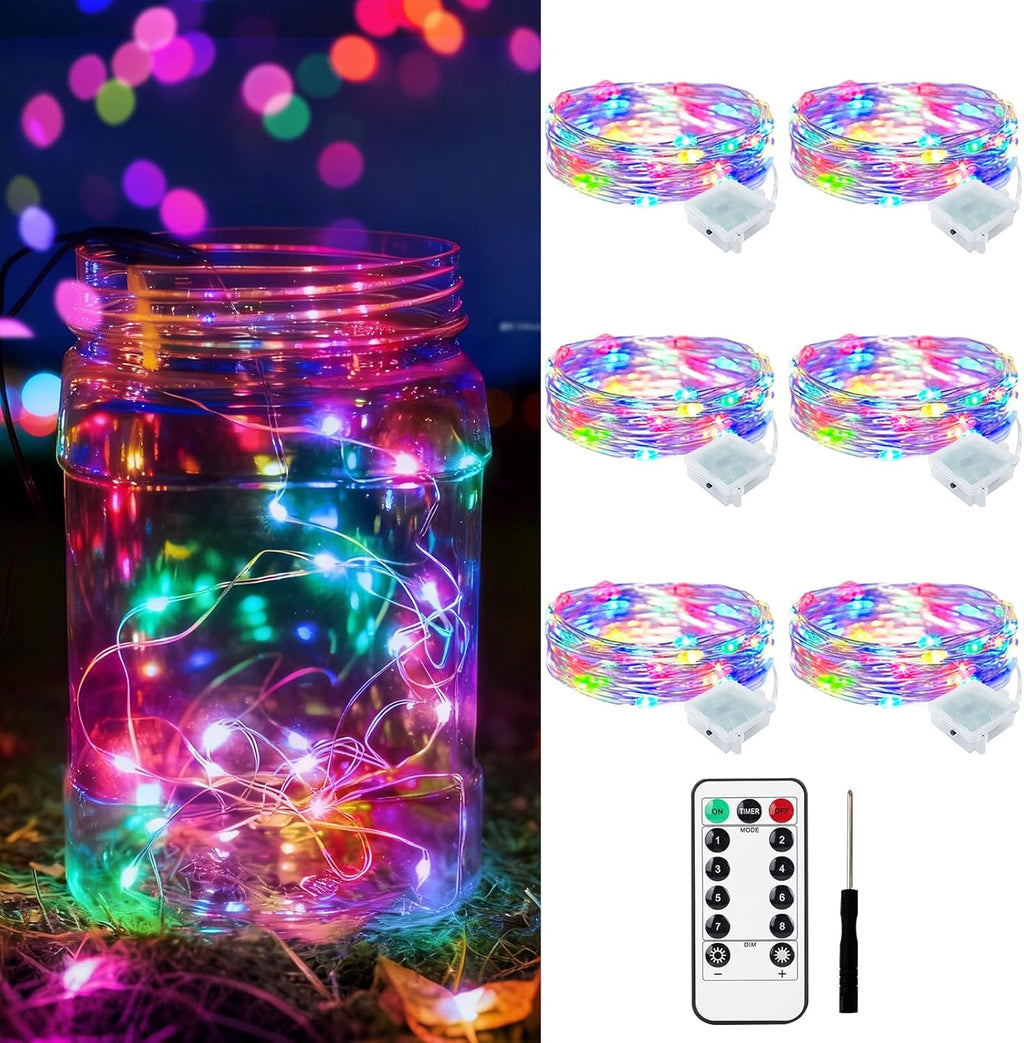 Skiennix 6 Pack Battery Powered Fairy Lights - Remote Control & Timer, 20 LED Mini Lights for Easter, Weddings & Parties | 7ft, Multicolor