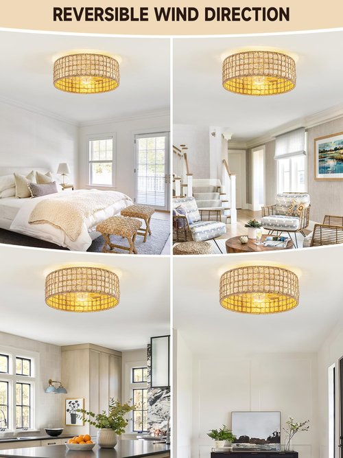Rattan fandelier Ceiling Fans with Lights, Fandelier Chandelier Ceiling Fan and Remote,Boho,Flush Mount,Low Profile,for Bedroom,Living Room,(25.5 Inch,6 Speed (0263/Boho Ceiling Fans)