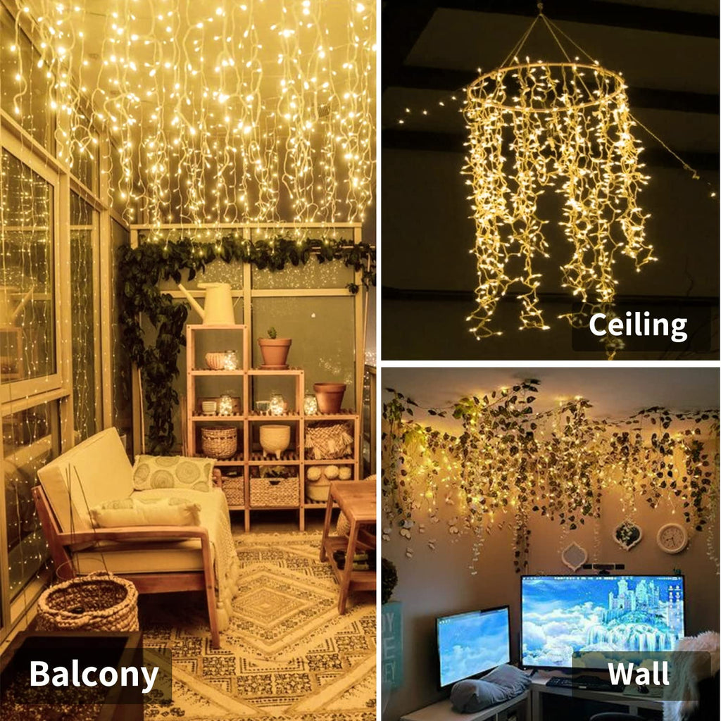 TUSLUZ 13ft Icicle Christmas Lights 96 LED, USB/Battery Powered, Remote Timer, 18 Drops Curtain Fairy Light for Wedding Christmas Halloween Party Room Decoration (Warm White)