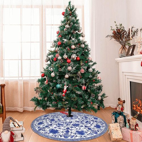 Blue and White Flower Christmas Tree Skirt 36 Inch Xmas Tree Mat Party Decor Supplies for Holiday Home Decorations