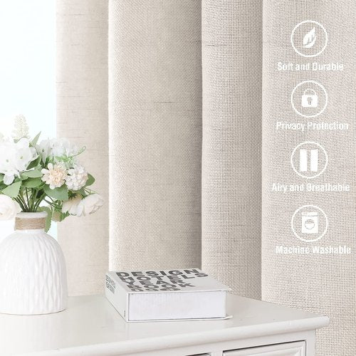 H.VERSAILTEX Natural Linen Curtains 96 inches Long for Living Room 2 Panels Back Tab Loop Pocket Textured Light Filtering Semi Sheer Rustic Farmhouse Boho Curtain for Bedroom, Heathered Natural