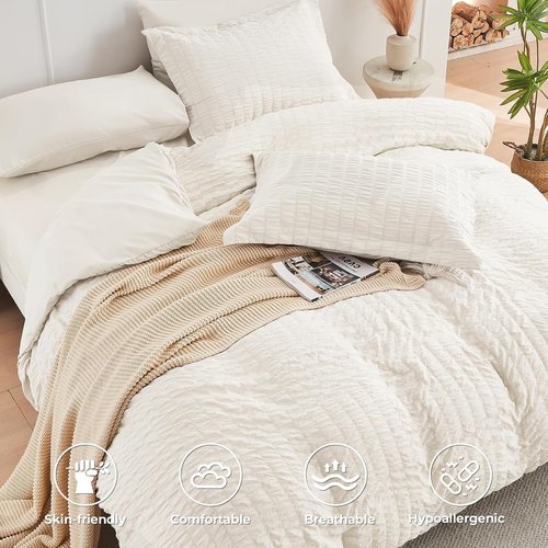 HYMOKEGE California King Comforter Set - 7-Piece Ivory Seersucker Luxury Bedding for All Seasons