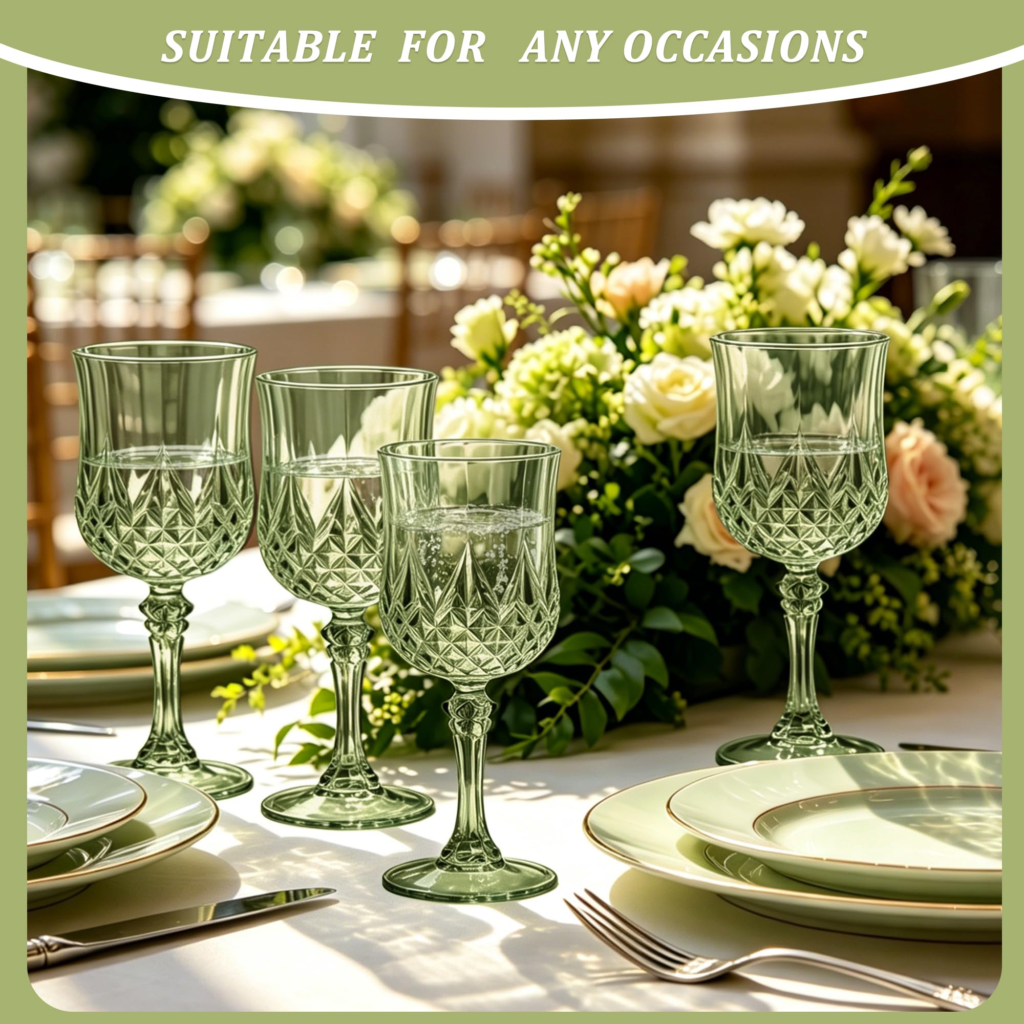 HTTBEIZI 7OZ Plastic Wine Glasses, Reusable Vintage Goblets Unbreakable Drinking Glasses Crystal Water Cups Champagne for Wedding, Parties (48, Light Green)