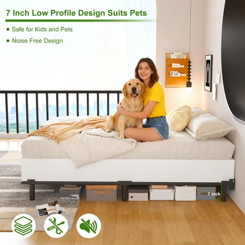 EMODA 7 Inch California King Bed Frame for Box Spring and Mattress, 9 Legs Heavy Duty Cal King Metal Bed Base Tool-Free and Easy Assembly, Black