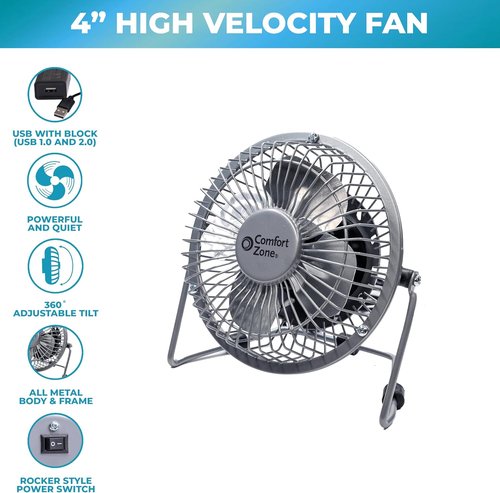 Comfort Zone Mini Desk Fan - High Velocity 4-Inch All-Metal USB Fan with 360° Tilt & Quiet Operation | Perfect for Home, Office & Travel