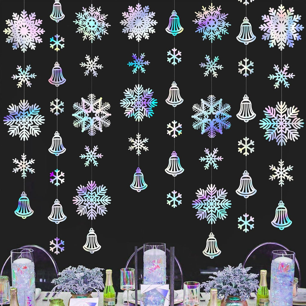 Skiennix 40 Ft Iridescent Snowflakes Party Decorations - Holographic Bell Garland for Winter Wonderland Decor
