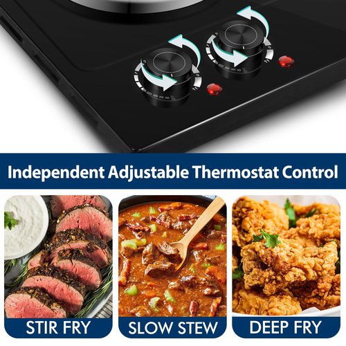 CUSIMAX Hot Plate, 1800W Electric Burner Double Hot Plate for Cooking Countertop Burner with Adjustable Temperature Control, Portable Electric Cast Iron Hot Plates Cooktop, Easy to Clean, Black