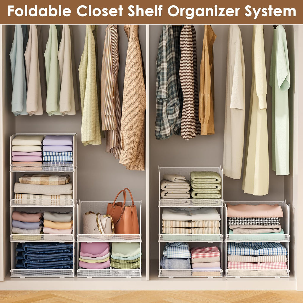 Tiaoheka 4-Tier Stackable Closet Organizers and Storage Shelves, Foldable Closet Shelf Organizer, Stackable Storage Bins Drawers for Closet Organizer System, White(Patent Pending)