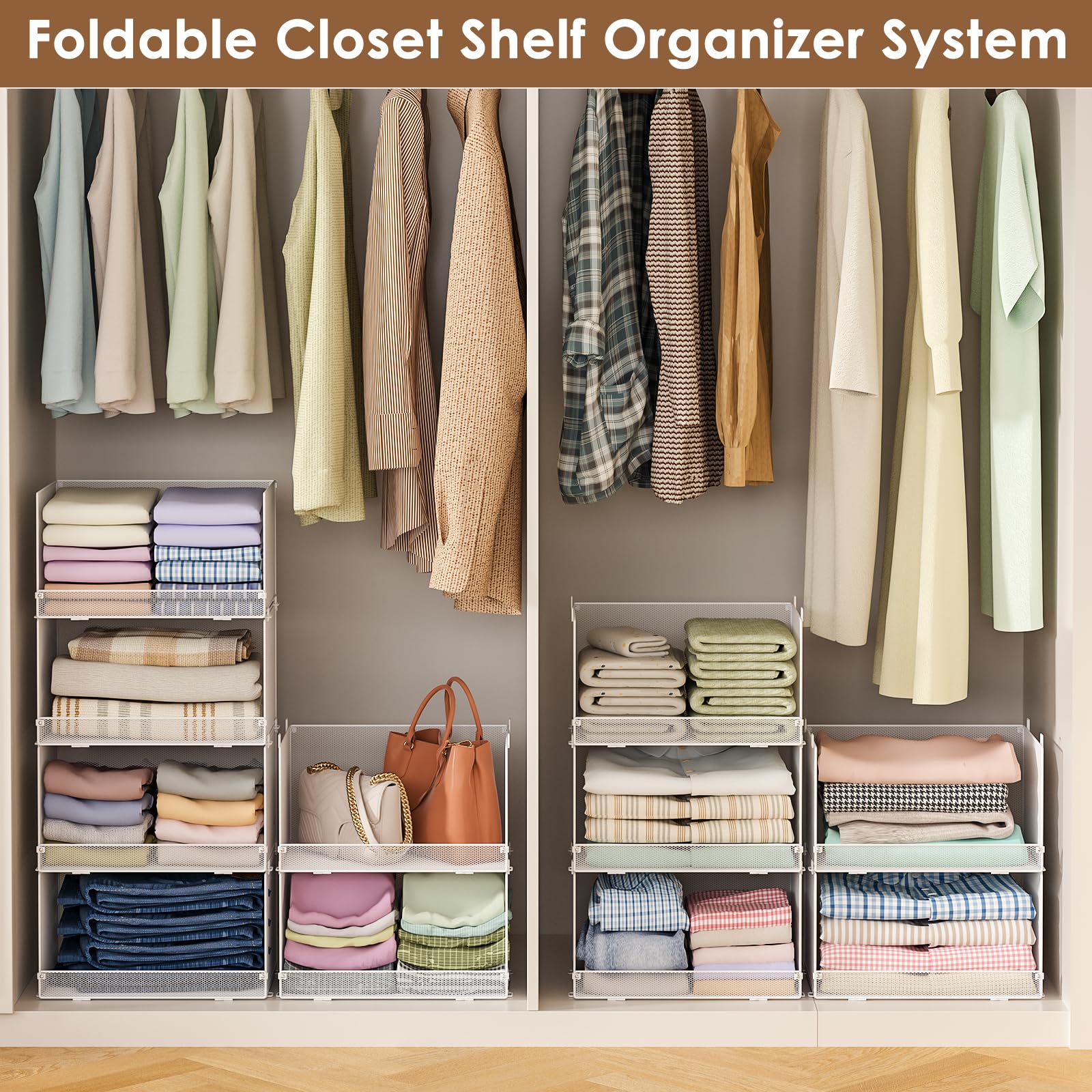 Tiaoheka 4-Tier Stackable Closet Organizers and Storage Shelves, Foldable Closet Shelf Organizer, Stackable Storage Bins Drawers for Closet Organizer System, White(Patent Pending)