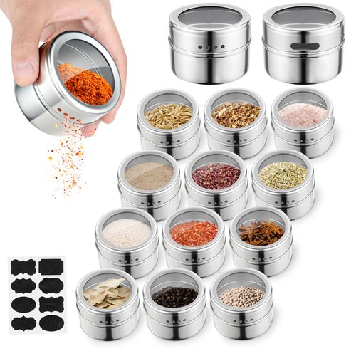 luqagol 12pcs Stainless Steel Spice Jars, Magnetic Condiment Tins Magnetic Spice Jar With Clear Lid And Holes Sift&Pour - Easy To Clean