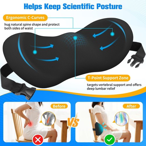 SweetSlubr Lumbar Support Pillow for Office Chair - Memory Foam Lumbar Pillow with Detachable Strap & Breathable Cover, Ergonomic Back Support for Office Chair, Car, Bed Rest (Black)
