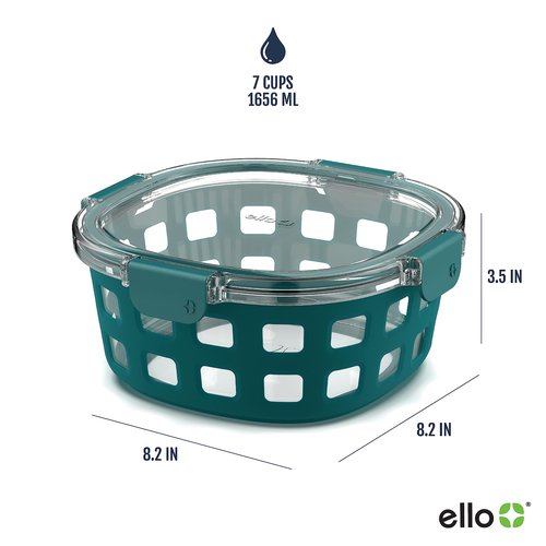 Ello Duraglass Meal Prep Container, 7 cup- Glass Food Storage Container with Silicone Sleeve and Airtight BPA-Free Plastic Lid, Dishwasher, Microwave, and Freezer Safe, Watercress