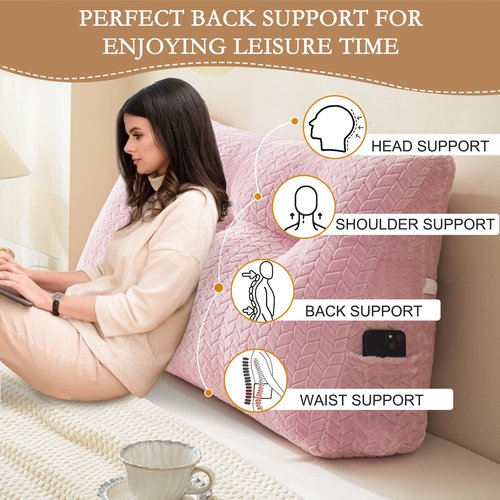 YOUR MOON Wedge Headboard Pillow Twin with 1 Pack Neck Roll Pillow, Triangular Wedge Backrest Pillows Headboard for Bed,Daybed,and Lounging, Large Bed Bolster Pillows,Pink