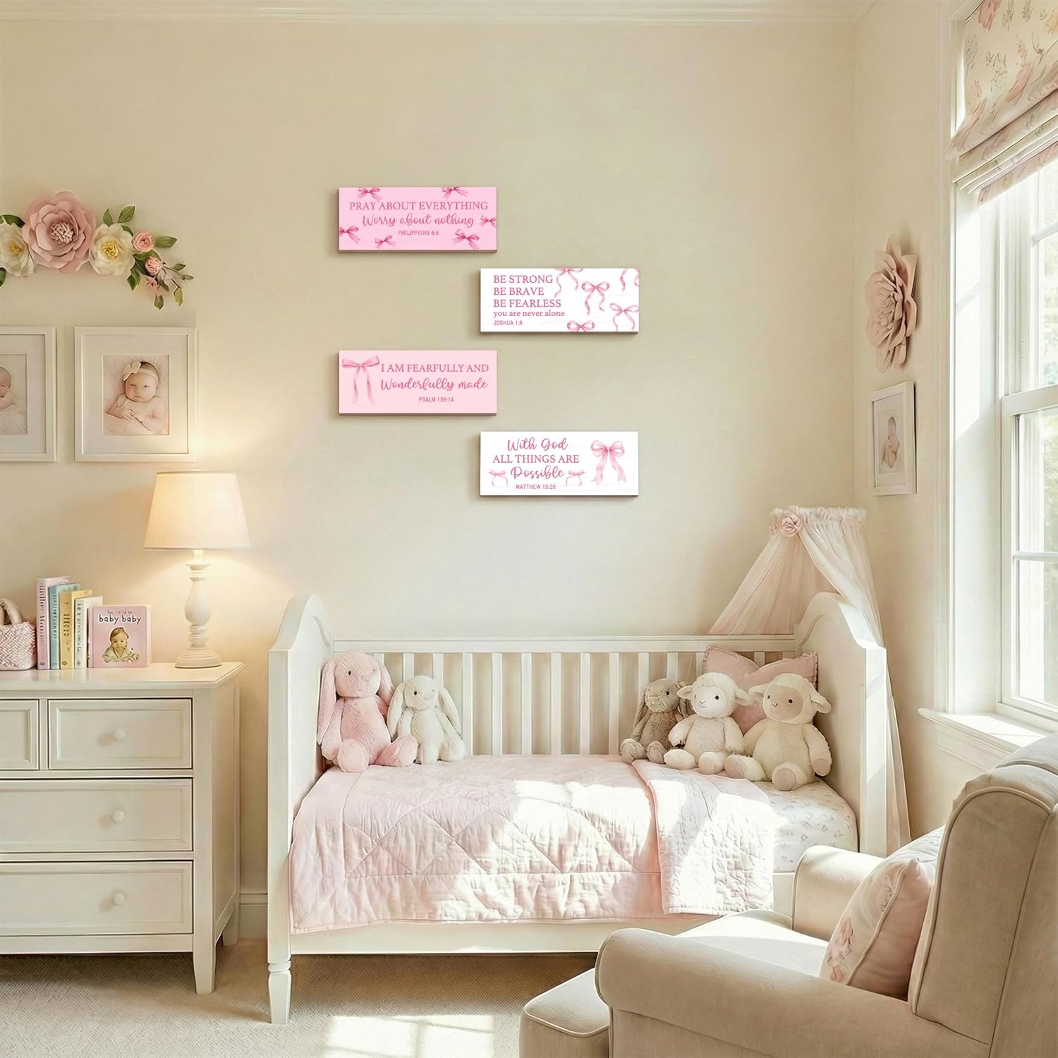 Skiennix Pink Bow Coquette Wooden Wall Decor - Inspirational Christian Art for Nursery & Bedroom