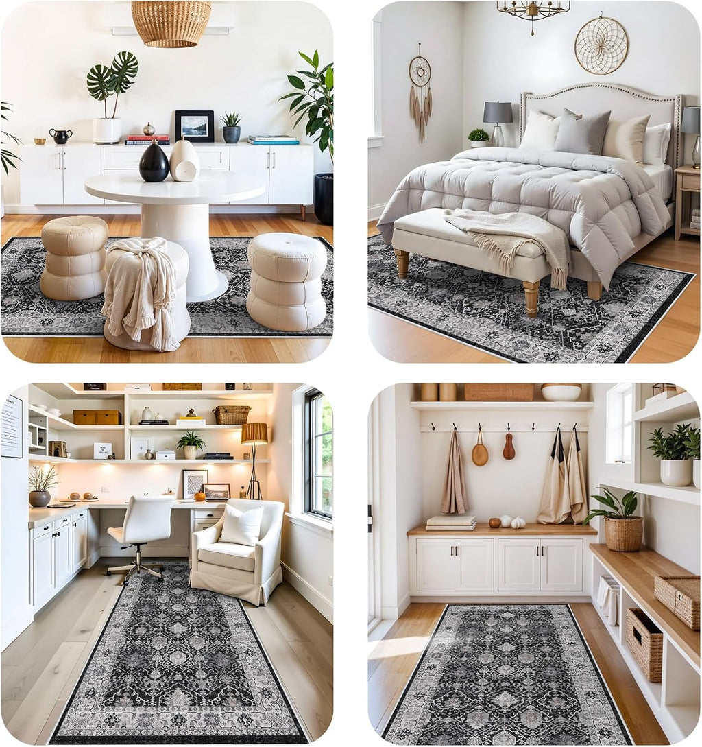 Skiennix Washable 4x12 Hallway Runner Rug - Vintage Soft Carpet, Stain Resistant, Non-Slip Backing | Black