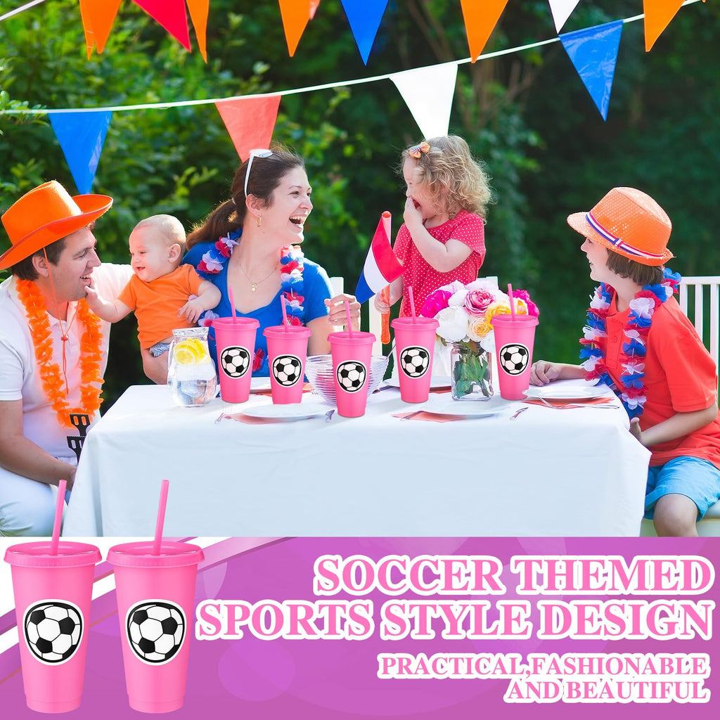 Domensi 12 Pcs Sport Soccer Plastic Cups with Lid and Straw 24 oz Reusable Plastic Cups Coffee Tumblers Gift for Fan Friend Guest Birthday Office Sport Party Supplies (Pink)