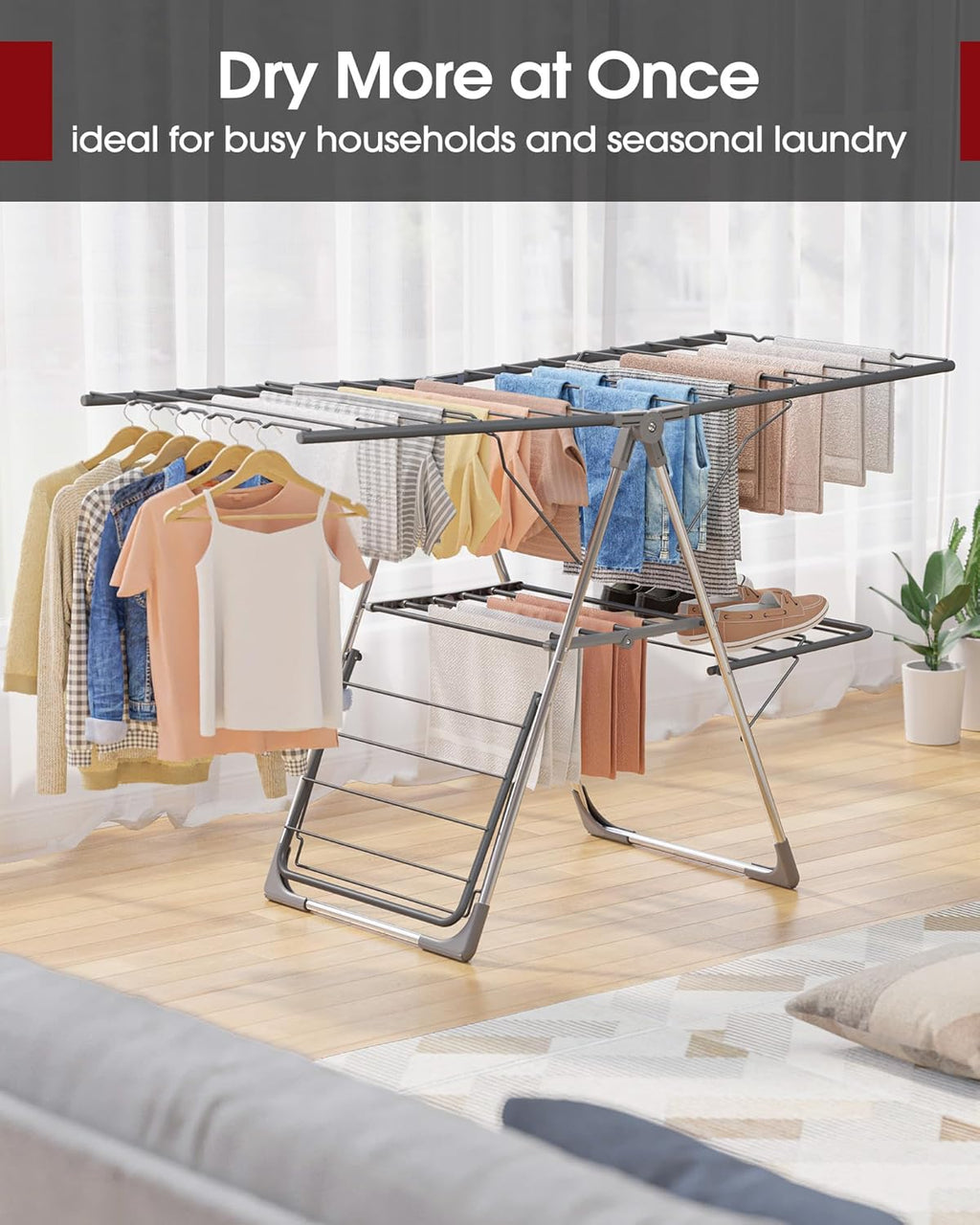 Sakugi Clothes Drying Rack - Foldable 2-Level Design with Height-Adjustable Wings | Space-Saving Indoor & Outdoor Use, Gray, 55.5" L × 22.8" W