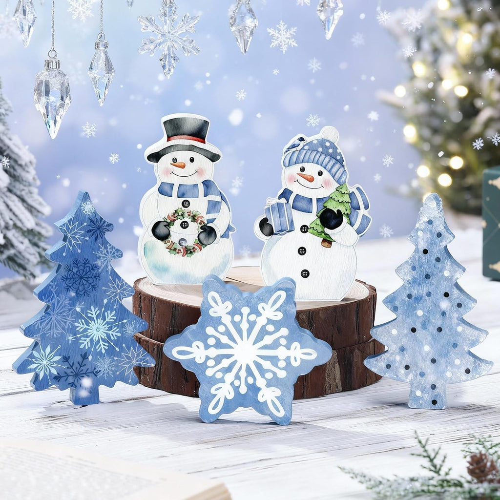 Threehoney Winter Snowman Decor - 5 Pcs Cute Blue Snowflake Table Centerpieces for Home & Office