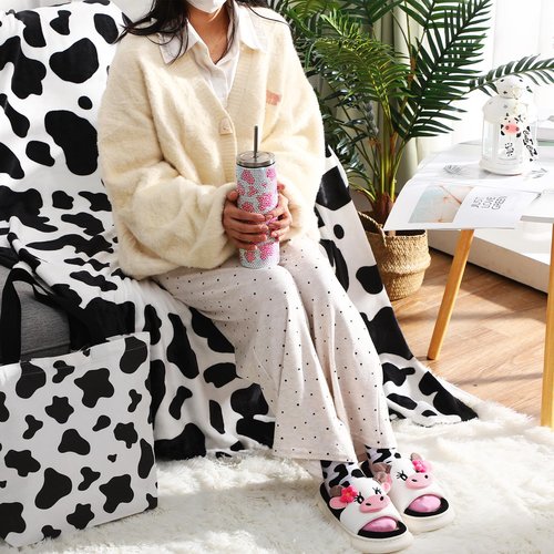 FillTouch 6 Pcs Cow Gifts Sets for Women Includes Tumbler Blanket Socks Slippers Tote Bag Keychain Pink Cow Print Stuff for Teachers Mother Nurses Day Birthday Farm Cowgirl Lovers Gifts