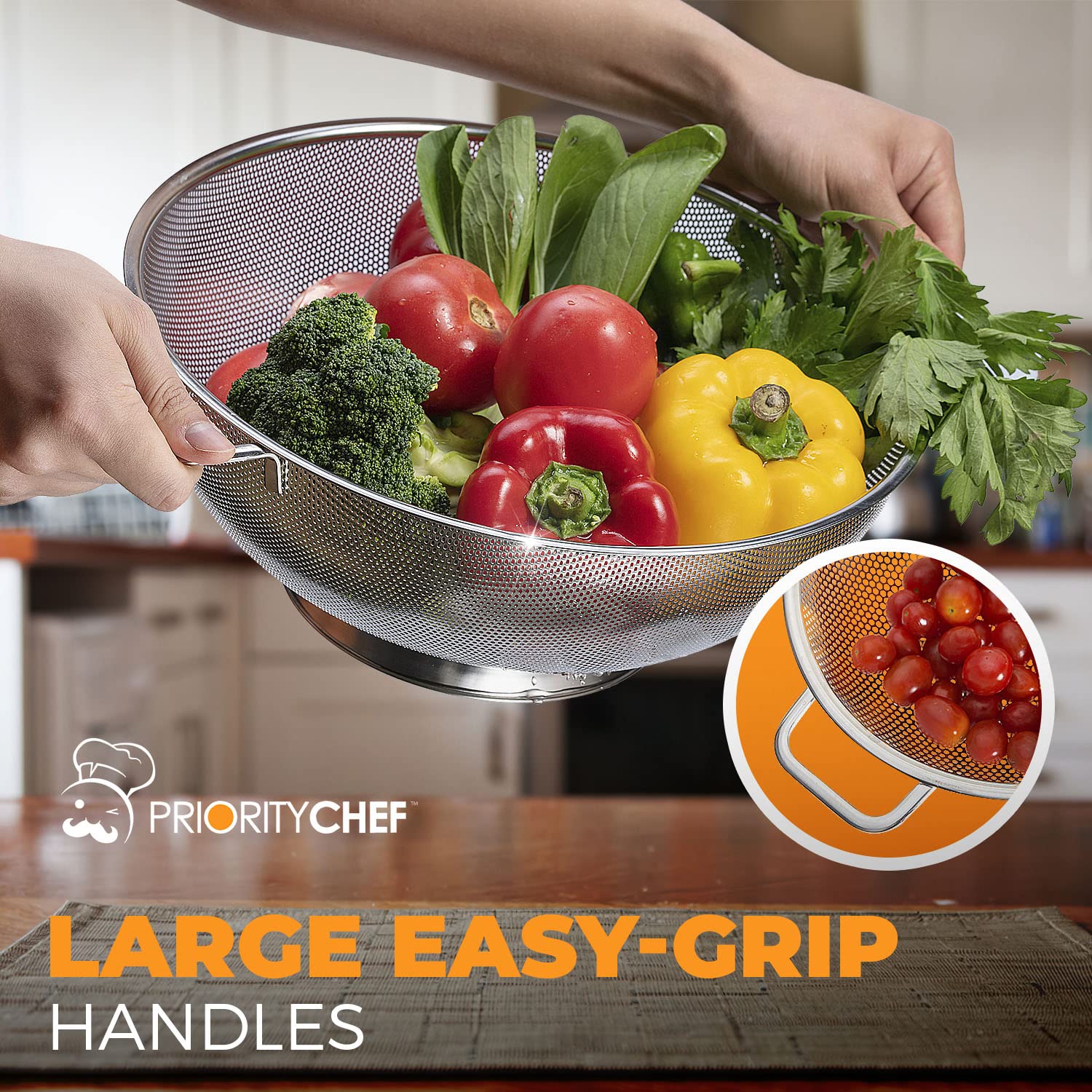 PriorityChef Colander, Stainless Steel Kitchen Strainer For Washing Rice, Pasta And Small Grains, 5 Quart