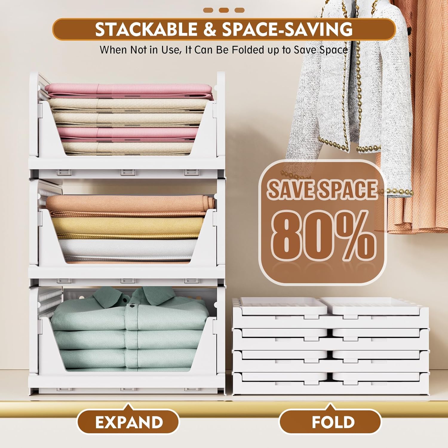 SNSLXH Stackable Closet Storage Baskets - Multifunctional & Foldable Organizer for Bathroom, Kitchen, Laundry | White, 5-Pack