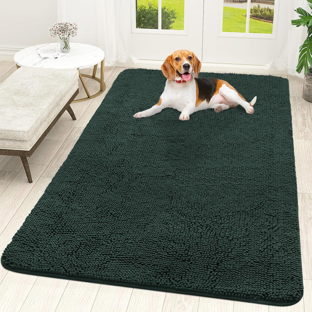 OLANLY Dog Door Mat - Absorbent Non-Slip Washable Chenille Mud Mat | 59x35 Inches, Blackish Green
