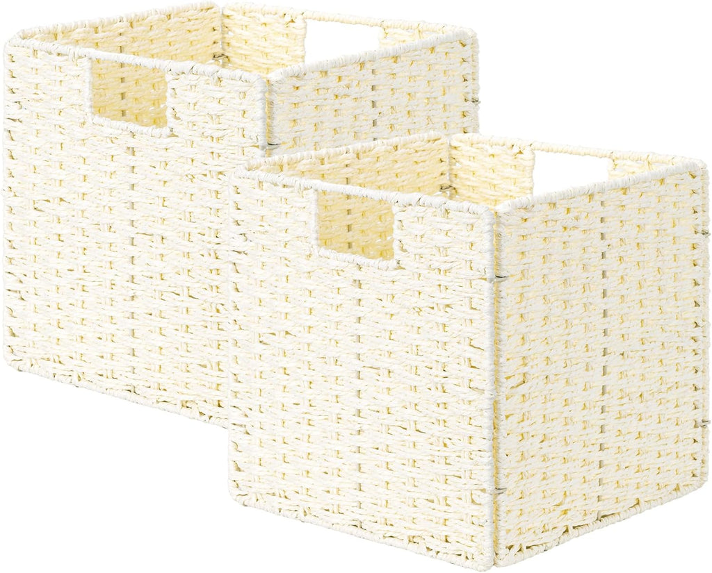 StorageWorks Wicker Baskets - Handwoven Storage Cubes with Handles, Foldable Beige Paper Rope, 2 Pack