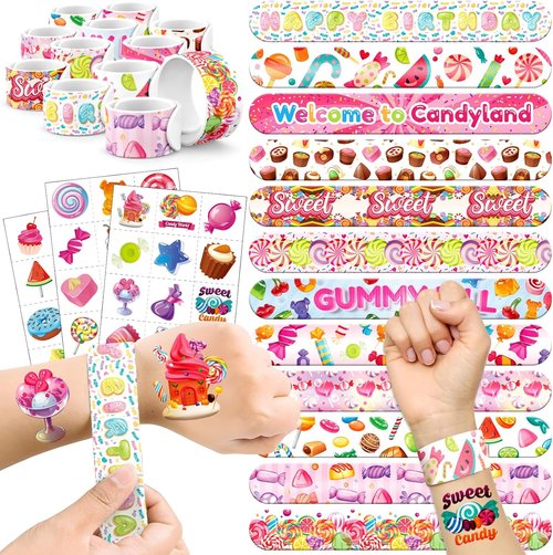 Candyland | 60 PCS Party Favors Set - 36 Temporary Tattoos & 24 Slap Bracelets for Kids, Ideal for Baby Showers & Birthday Parties