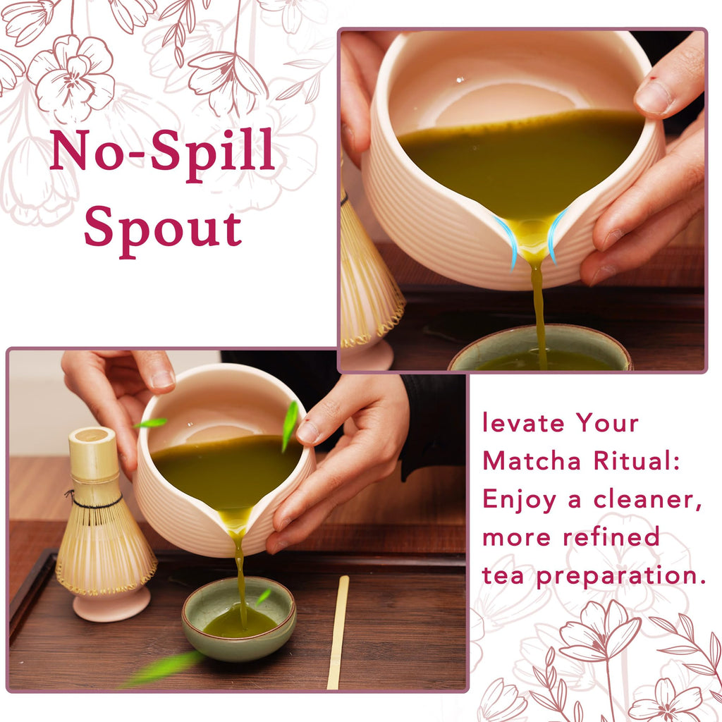 EINZUFUF Matcha Set - 4-Piece Japanese Matcha Whisk Set, Includes Bowl with Spout, Whisk, Scoop & Holder, Ceramic White