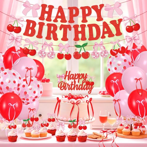 K KUMEED Cherry Birthday Decorations,Happy Birthday Cherry Banner,Summer Fruit Cherry Party Supplies Cake Topper Latex Balloons for Women Girl Birthday Party Favors