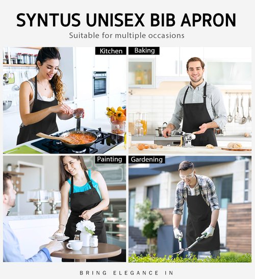 Syntus 12 Pack Bib Apron, Unisex Aprons Adjustable 100% Cotton with 2 Pockets Cooking Kitchen Aprons for Women Men Chef, BBQ Drawing Apron Bulk, Black