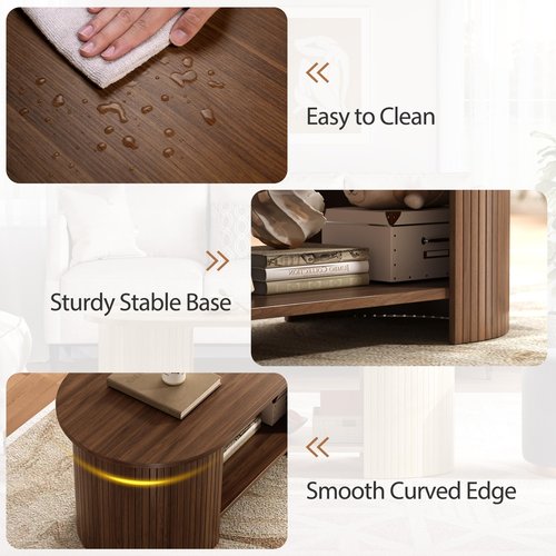 OneBlis Oval Fluted Coffee Table, 2-Tier Center Table with Large Storage, Mid-Century Modern Wood Coffees Table for Living Room, Home Office, Small Space, Walnut