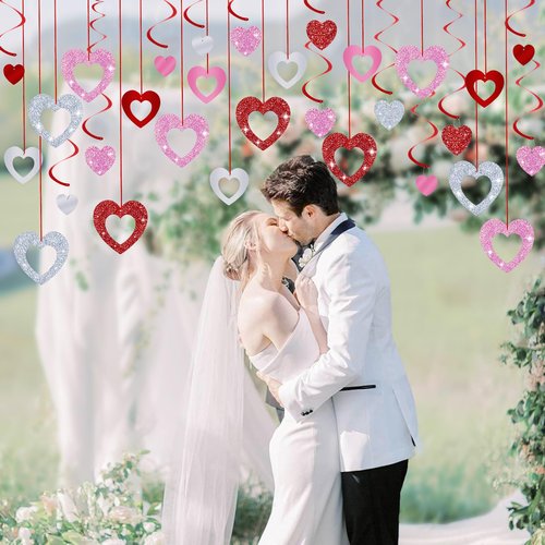 MARFOREVER 48 Pcs Valentine's Day Decorations Glitter Valentines Heart Garland Ornament Red Pink Silver Heart Hanging Swirls Ceiling Decorations for Valentines Day Galentines Day Party Supplies