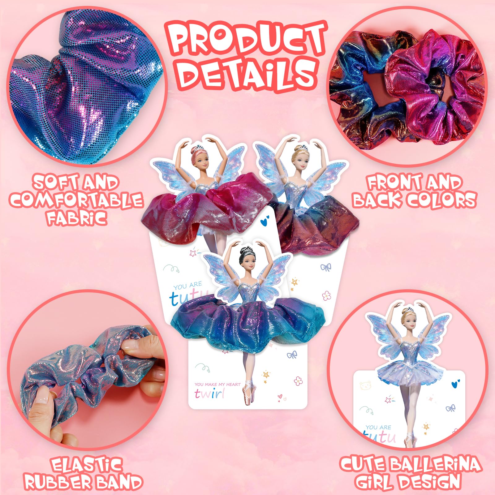 pozemu Valentines Day Gifts for Kids 24 Pack Ballerina Cards with Hair Scrunchies for Valentine Classroom Exchange Unique Valentines Day Cards for Kids School, Party Favors for Girls