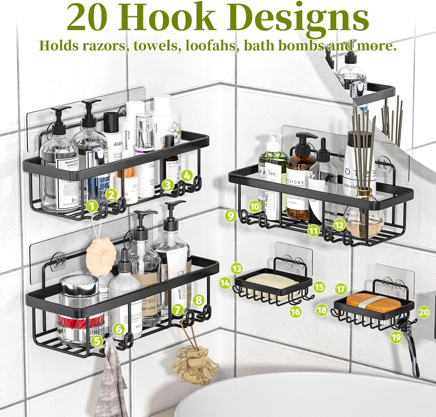 Rustproof Stainless Steel Shower Caddy by [Brand Name] - 5 Pack Adhesive Bathroom Organizers | Large Capacity, No Drilling, Black