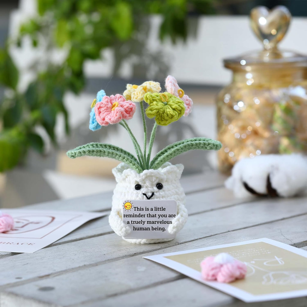 YOOJEE Forget-Me-Not Positive Crochet Flowers Plants Gift Handmade Desk Decor with Card “This is a Little Reminder” Appreciation Inspirational Gift for Coworkers Women Employee Teacher Best Friend Mom