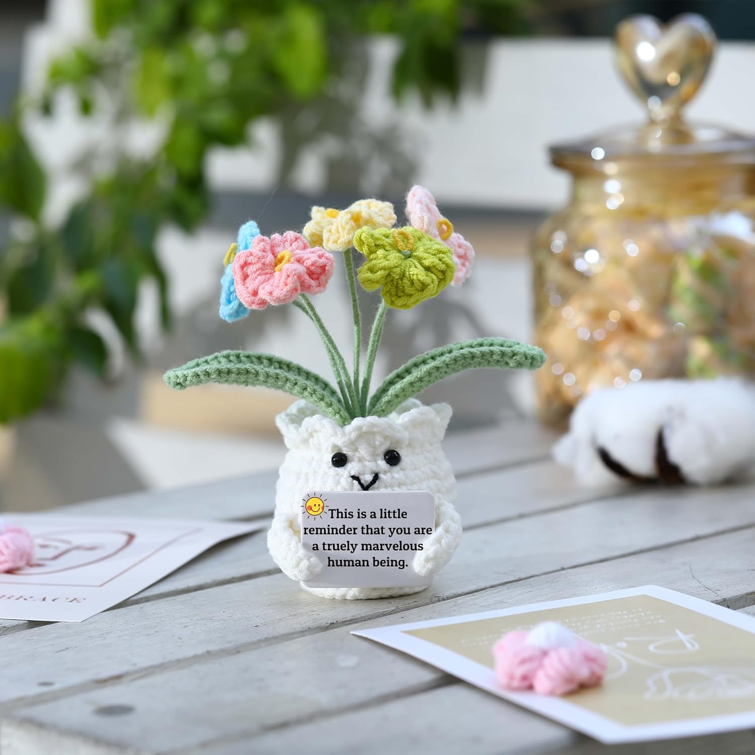 YOOJEE Forget-Me-Not Positive Crochet Flowers Plants Gift Handmade Desk Decor with Card “This is a Little Reminder” Appreciation Inspirational Gift for Coworkers Women Employee Teacher Best Friend Mom