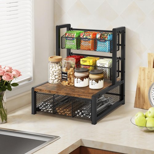 Homode Tea Bag Organizer, 3 Tier Tea Storage Container Box, Wood Tea Station Caddy, Teabag Holder Stand with Drawer Basket, Large Tea Chest Display Rack for Countertop Cabinet Office, Rustic Brown