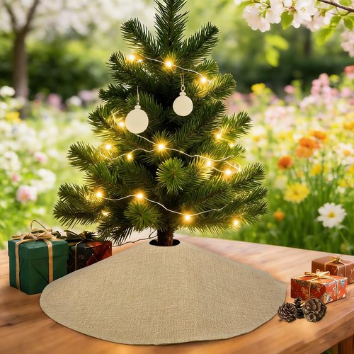 Yuboo Mini Burlap Brown Tree Skirt, 24in Small Double-Layer Linen Rustic Farmhouse Spring Xmas Skirt for Tabletop Tree Countryside Xmas Party Decor Ornaments