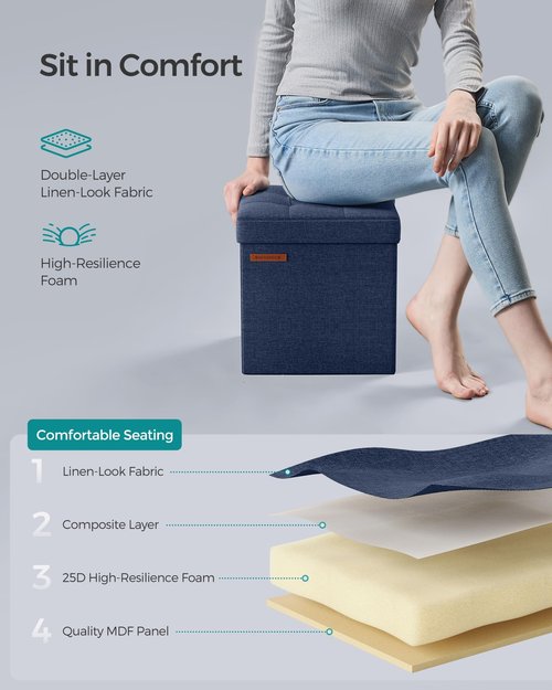 SONGMICS Storage Ottoman, Foldable Small Ottoman Foot Rest, 11.8 Inches Foot Stool, Cube Ottoman with Storage, Load up to 286 lb, for Living Room, Bedroom, Dorm, Midnight Blue ULSF028Q02