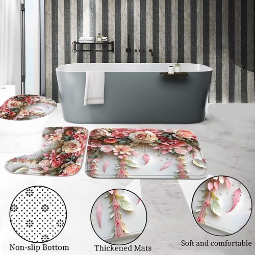 DDQQ Pink Flower Bathroom Shower Curtain Set, Romantic and Cute Rose Floral Polyester Bathroom Decor Set with Shower Curtain and Rugs and Accessories