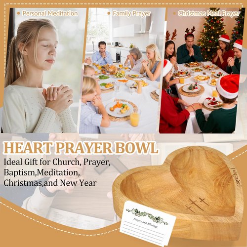 Prayer Bowl with Cards, Heart Prayer Bowl Wooden, Christian Gifts for Women Men, Wood Prayer Dough Bowl, Heart Shaped Decor Bowl, Mothers Day Gifts, Birthday, Retirement, Religious Gift for Mom Dad